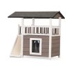 2-Tier Outdoor Wooden Dog House, Weatherproof Dog Hutch with A Large Balcony, Sisal Scratching Pad Ladder, Gift for Pets, Gray and White